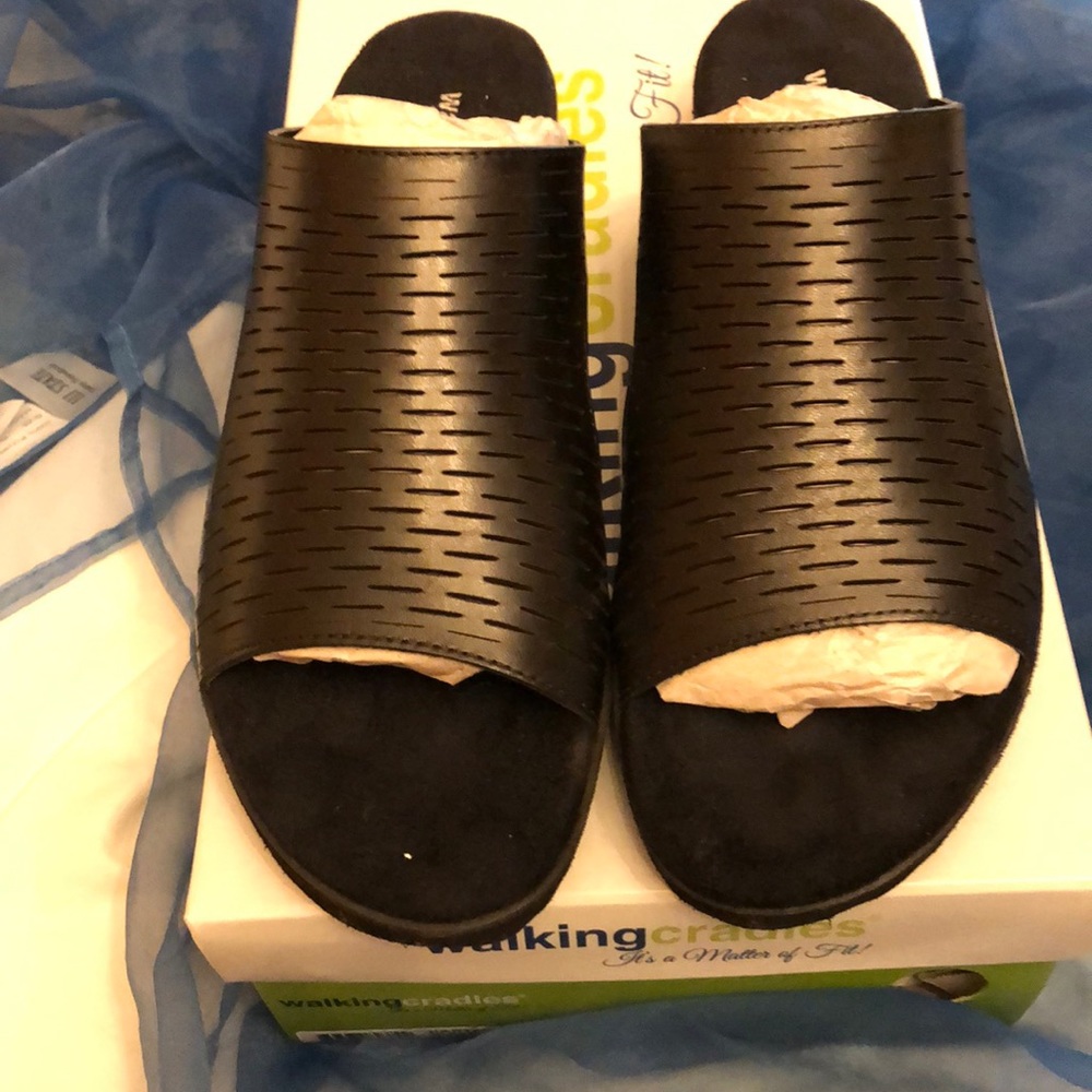 Brand new black leather slides